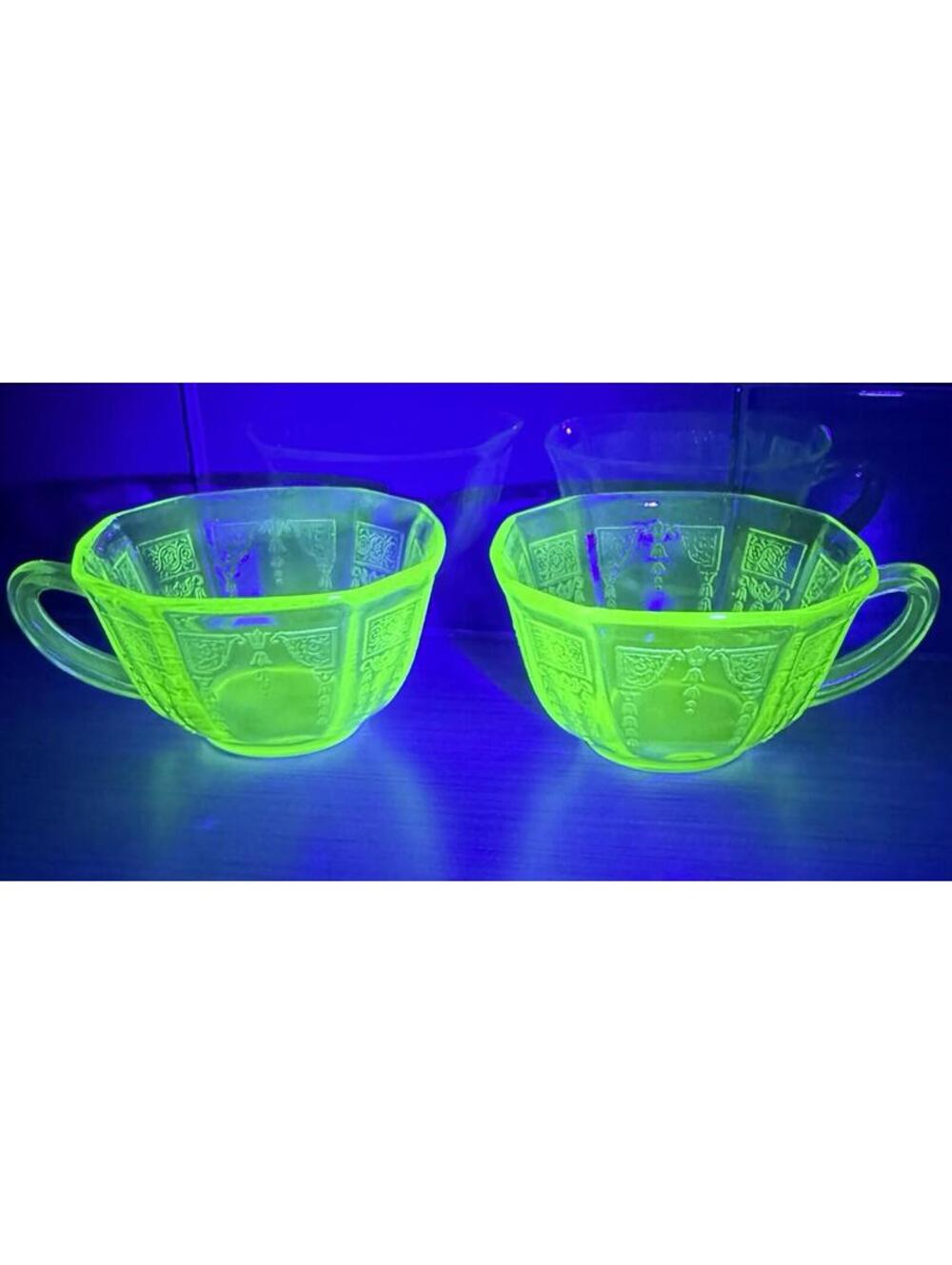 Vintage Anchor Hocking Princess Uranium Glass Cream Soup Cups Pair UV